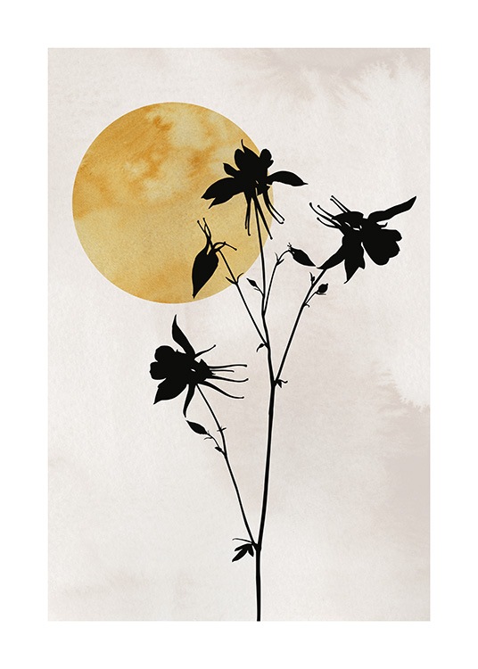  – Illustration von kleinen, schwarzen Blüten mit einer gelben Sonne in der Ecke