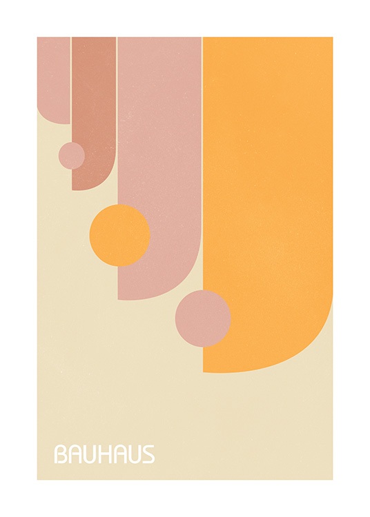  – Grafische Illustration im Bauhaus-Stil mit geometrischen Formen in Orange und Rosa