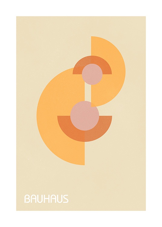  – Grafische Illustration mit geometrischen Formen in Orange und Rosa und dem Wort Bauhaus darunter