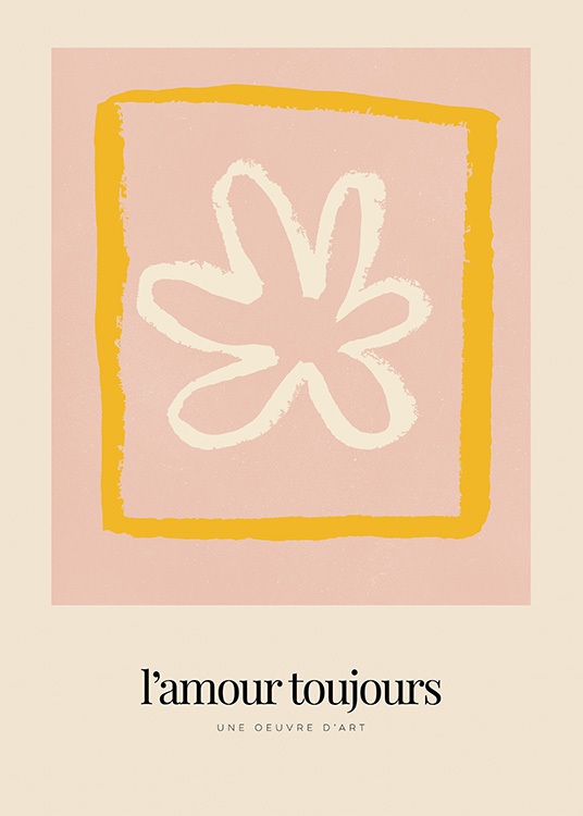  – Illustration mit einer weißen Blume in einem orangen Quadrat auf rosa und beigem Hintergrund mit Text darunter