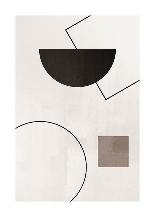  – Grafische Illustration mit braunen und schwarzen geometrischen Formen und Linien vor beigem Hintergrund