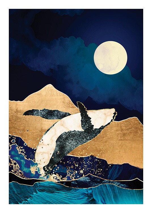  – Grafische Illustration, die einen Mond und goldene Berge hinter einem Wal zeigt, der aus dem Wasser auftaucht
