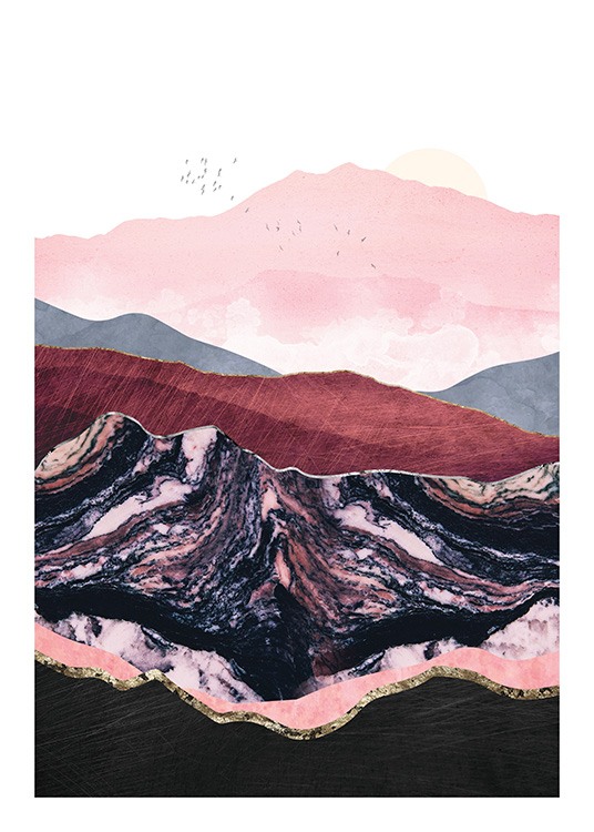  – Grafische Illustration mit einem Vogelschwarm, der über Berge in Violett, Rosa und Rot mit goldener Umrandung fliegt