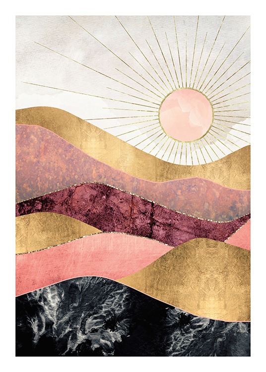  – Grafische Illustration mit Bergen in Rosa, Rot und Schwarz und goldener Umrandung, im Hintergrund eine Sonne