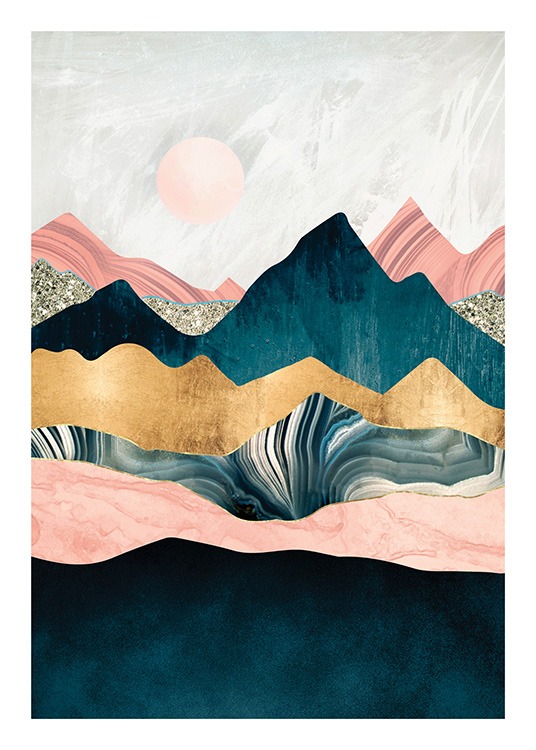  – Grafische Illustration von Berggipfeln in Blau, Rosa und Gold und einer rosa Sonne im Hintergrund