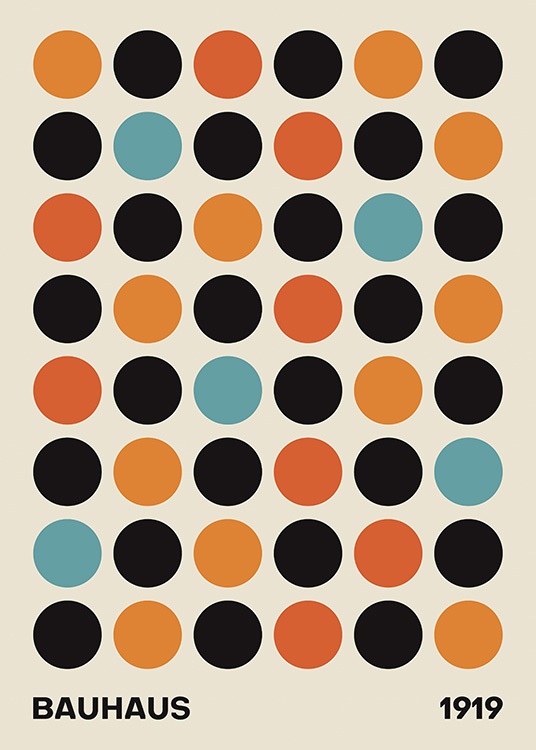  – Grafische Illustration mit schwarzen, roten, orangen und blauen Kreisen auf beigem Hintergrund