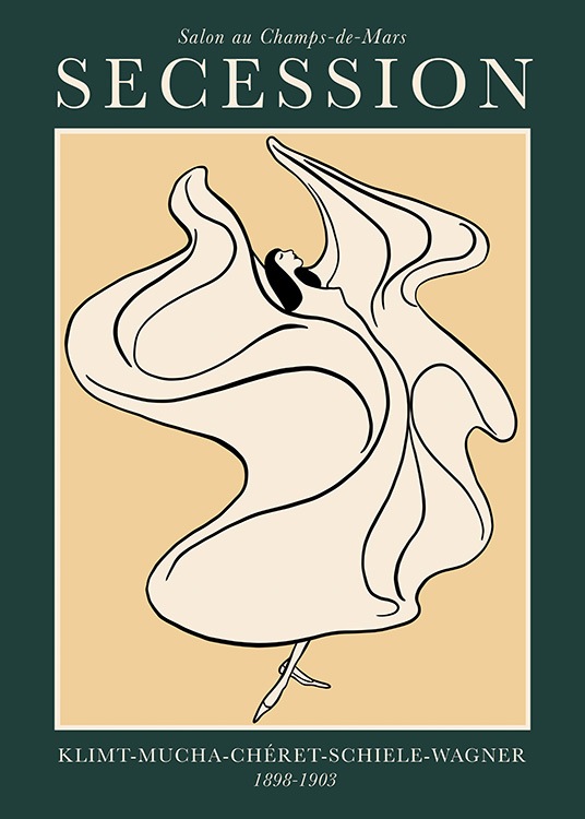  – Grafische Illustration mit dem Wort „Secession“ und einer Frau in einem großen Kleid