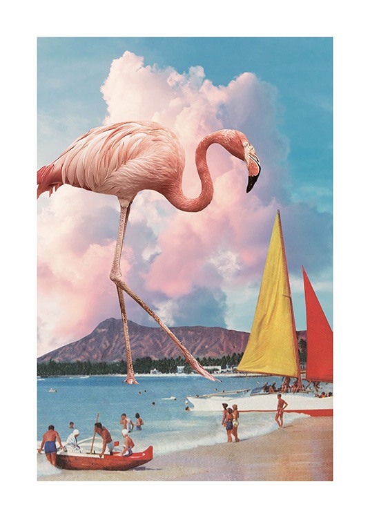 – Wandbild mit einem großen Flamingo, der durchs Meer watet, im Vordergrund ein Strand