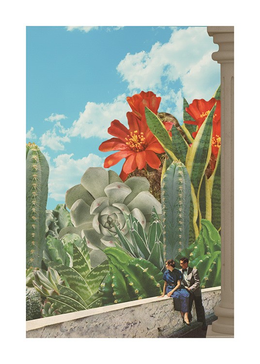  – Wandbild mit großen Kakteen und roten Blumen hinter zwei Menschen, im Hintergrund blauer Himmel