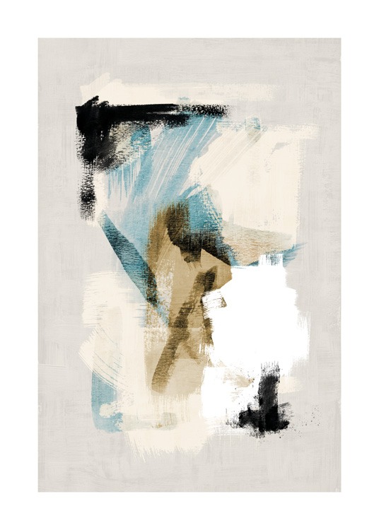  – Malerei mit abstrakten Pinselstrichen in weiß, blau, beige und schwarz auf beigem Hintergrund
