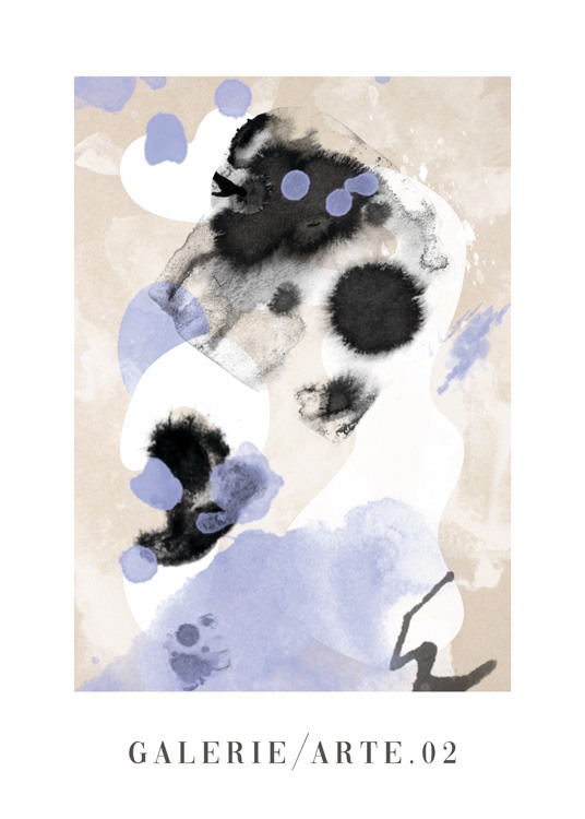  – Gemälde mit abstrakten Farbspritzern in schwarz, weiß und violett auf beigem Hintergrund