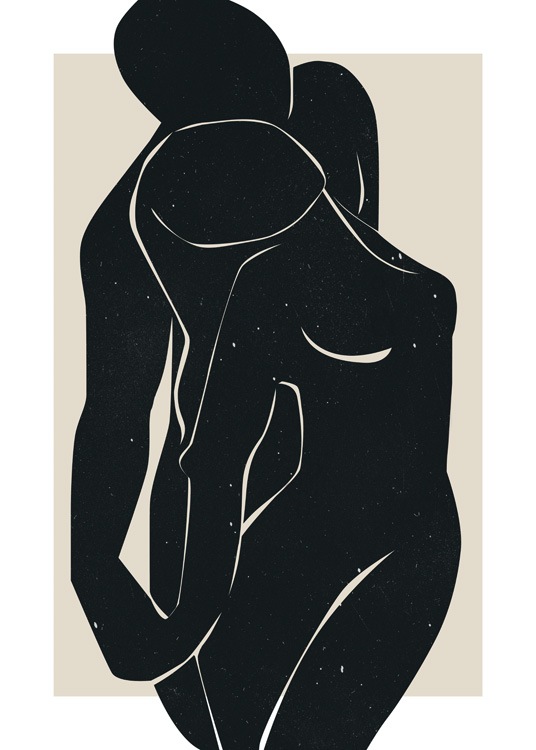  – Grafische Illustration zweier nackter Körper in Schwarz, mit kleinen weißen Flecken auf ihnen, vor einem beigen Hintergrund
