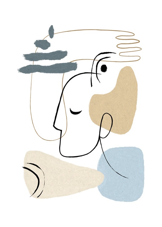  – Illustration mit abstrakten Formen in Blau und Beige und einer Hand und einem Gesicht in Line Art auf weißem Hintergrund