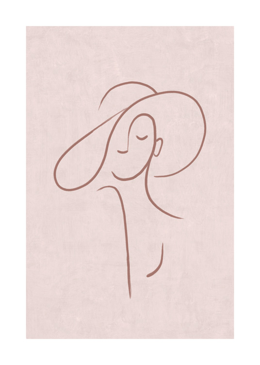  – Illustration in Line Art, die eine Frau mit Hut vor einem rosa gesprenkelten Hintergrund zeigt