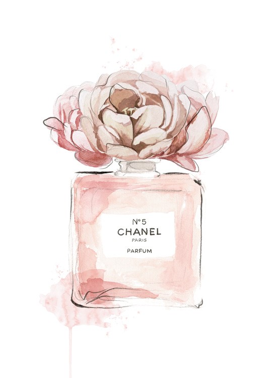  – Aquarellbild eines Parfümflakons in Rosa mit einer rosa Blume oben drauf