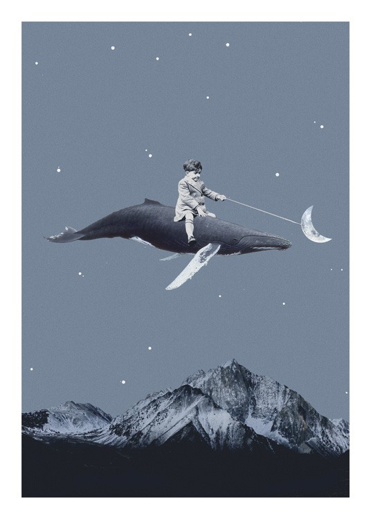  – Grafik mit einem Wal, der über Berge fliegt und auf dem ein Kind sitzt