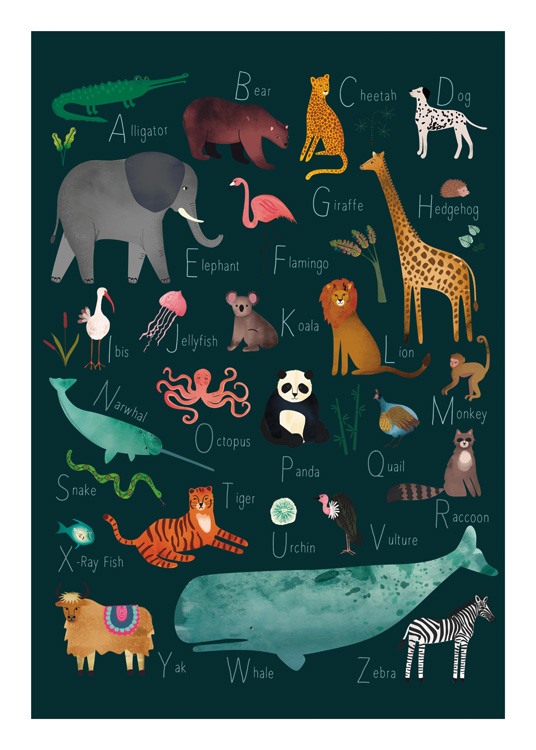  – Illustration mit Tieren auf grünem Hintergrund, deren Namen mit jedem Buchstaben des Alphabets beginnen