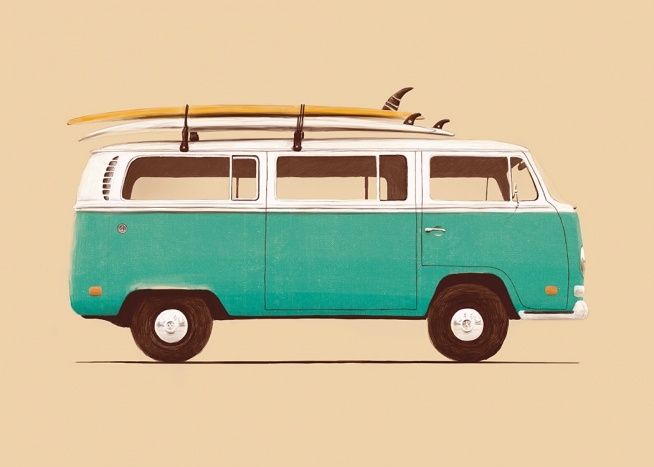  – Illustration eines Oldtimer-Vans in Grün und Weiß mit Surfbrettern auf dem Dach