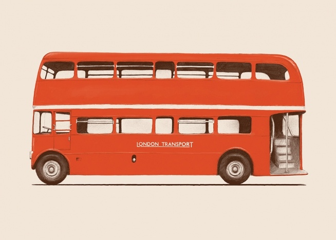  – Illustration eines Londoner Busses  – ein roter Doppeldecker vor einem hellrosa Hintergrund