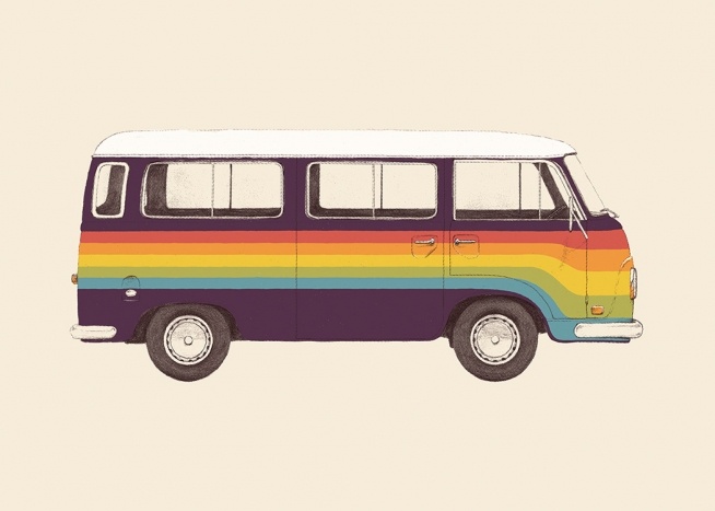  – Illustration eines bunten Vans in Lila mit Streifen in Rot, Orange, Gelb, Grün und Blau quer darüber