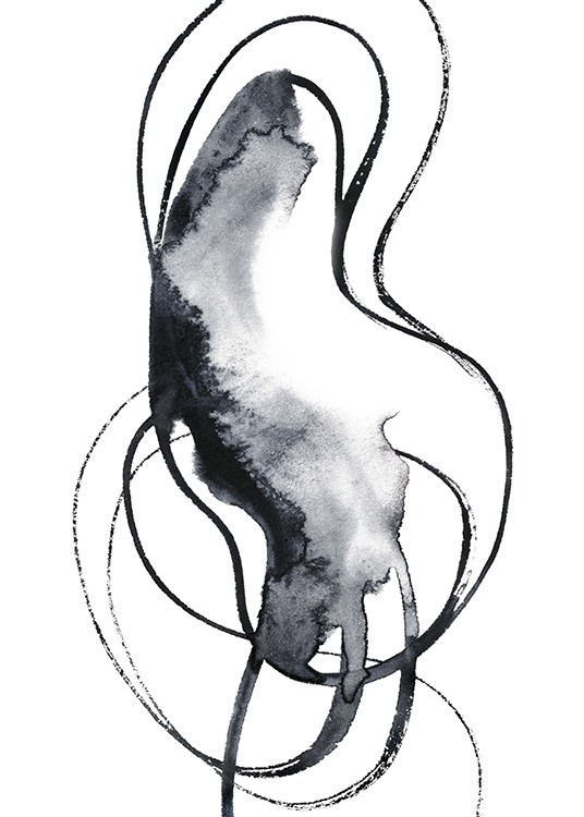  – Aquarell in Dunkelgrau mit einer abstrakter Form und dünnen Wirbeln vor weißem Hintergrund