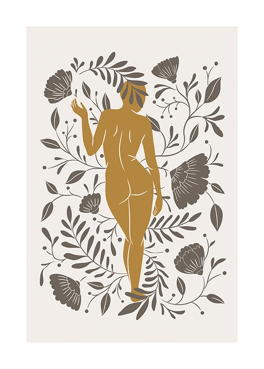  – Grafische Illustration einer orangen, nackten Frau in Rückenansicht, umgeben von braunen Blumen und Blättern