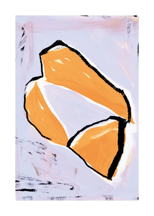  – Illustration mit einer abstrakten Form in Orange mit schwarzen und weißen Umrissen auf einem lila Hintergrund