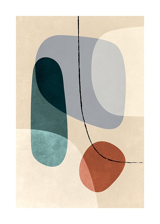  – Grafische Illustration mit abstrakten Formen in Orange, Blau und Beige auf beigem Hintergrund