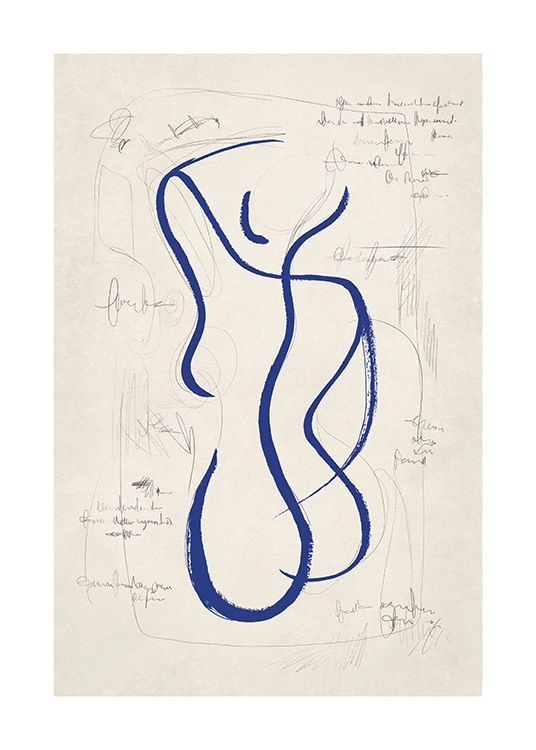  – Line-Art-Skizze eines nackten Körpers in Blau mit von Linien gerahmtem Text vor beigem Hintergrund