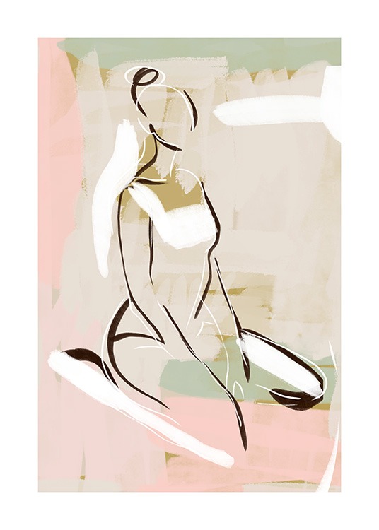  – Line-Art-Zeichnung einer sitzenden Frau in Braun und Weiß auf rosa und hellgrünem Hintergrund