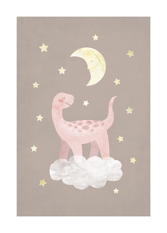  – Illustration eines Dinosauriers in Rosa, der auf einer Wolke steht, um ihn herum Sterne und über ihm ein Mond vor einem braunen Hintergrund