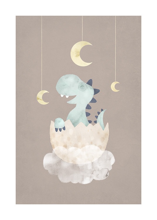  – Illustration eines kleinen, blauen Dinosauriers in einem Ei auf einer Wolke vor braunem Hintergrund