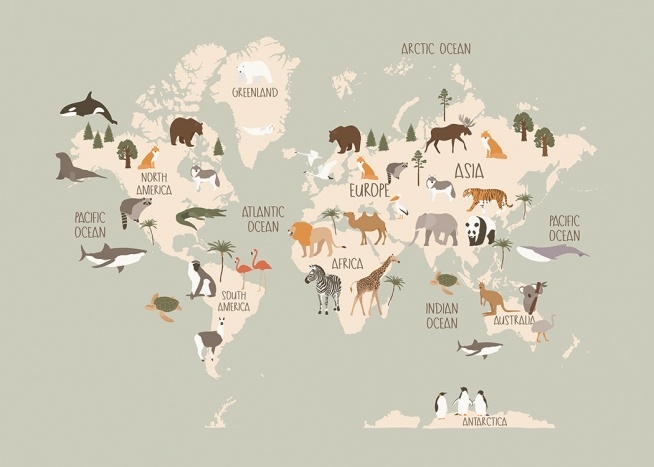  – Grafische Darstellung von Tieren auf einer beigefarbenen Weltkarte vor einem grauem Hintergrund