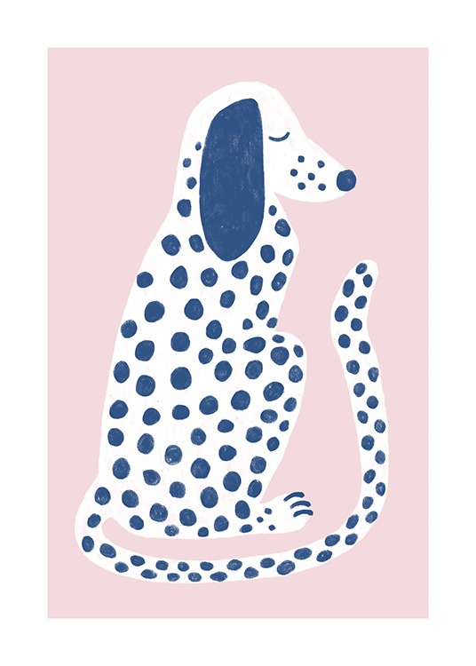  – Grafische Illustration eines gefleckten Hundes in Weiß mit blauen Flecken vor einem rosa Hintergrund