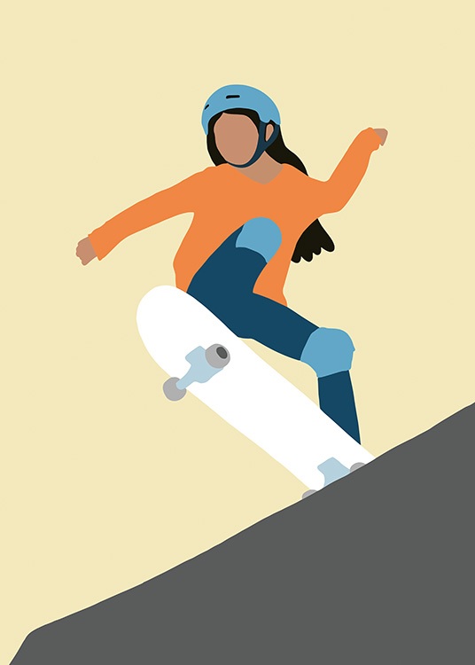  – Grafische Illustration eines Mädchens, das Skateboard fährt und einen blauen Helm und ein oranges Hemd trägt