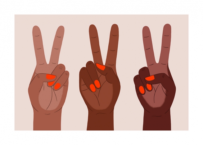  – Grafische Illustrationen von Händen mit rot lackierten Fingernägeln, die das Friedenszeichen machen, auf hellrosa Hintergrund