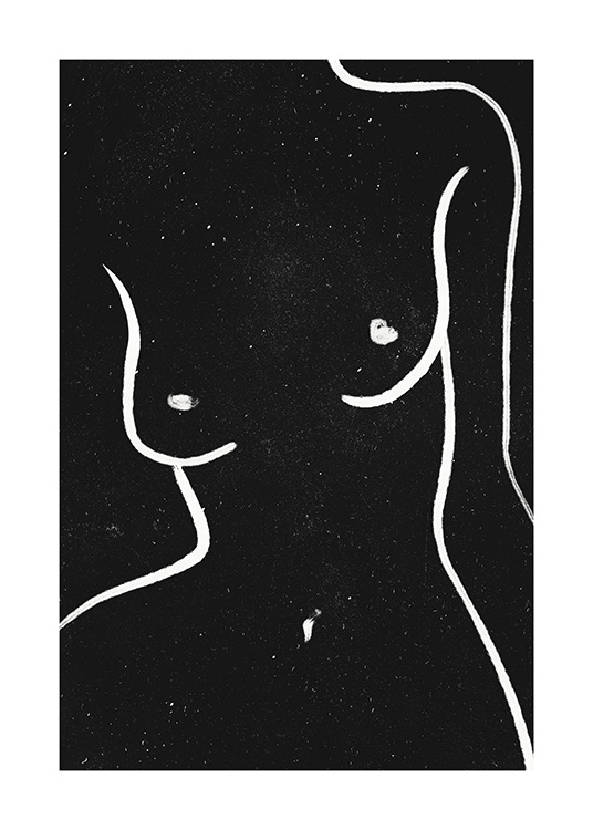  – Malerei einer nackten Frau in Line-Art mit dünnen Linien auf einem schwarzen Hintergrund mit weißen Flecken