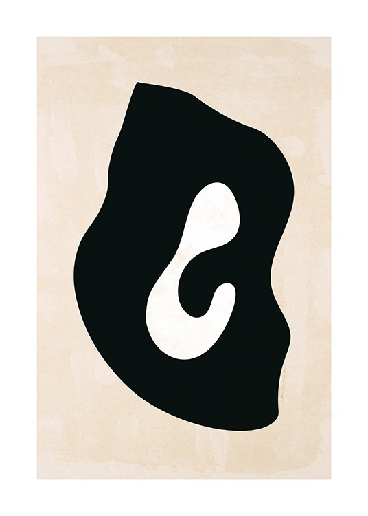  – Grafische Illustration mit einer abstrakten Form in Schwarz mit weißer Mitte auf hellbeigem Hintergrund