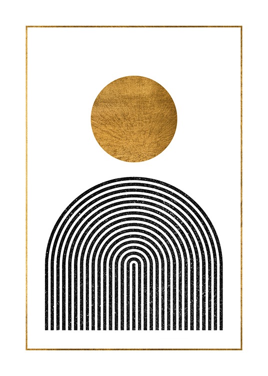  – Grafische Illustration mit einem goldenen Kreis über einem schwarzen Bogen vor weißem Hintergrund