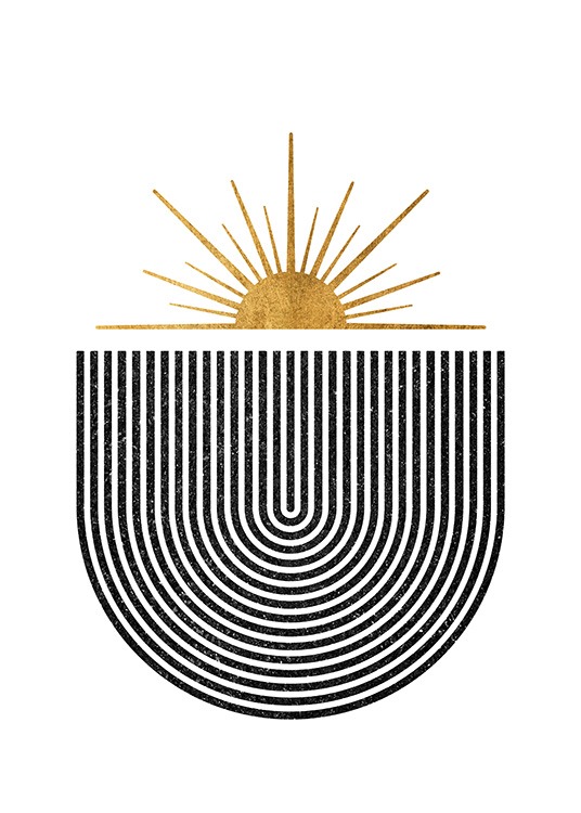  – Grafische Illustration mit einer Sonne in Gold, die über einem schwarzen Bogen aufsteigt