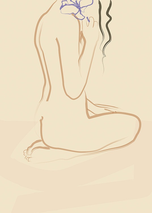  – Illustration einer nackten Frau in Line-Art mit einer Blume im Haar vor beigem Hintergrund
