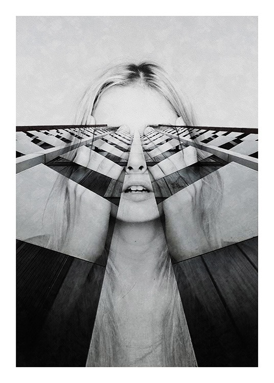  – Schwarz-weiß-Fotografie einer Frau, die ihre Hände über ihren Augen hält