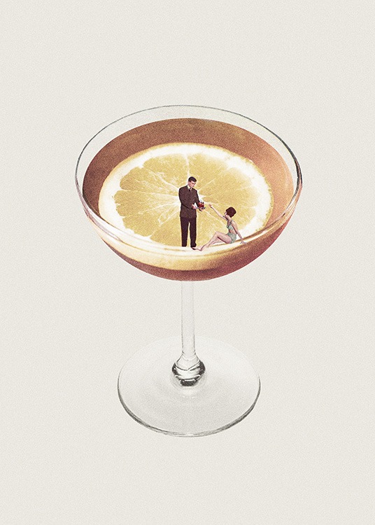  – Grafische Illustration einer Zitrone in einem Cocktailglas mit einem Mann und einer Frau auf dem Rand des Glases