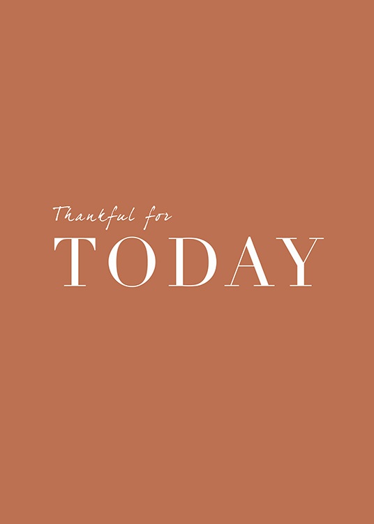  – Text „Thankful for today“ als weißer Schriftzug auf einem Hintergrund in Terrakotta