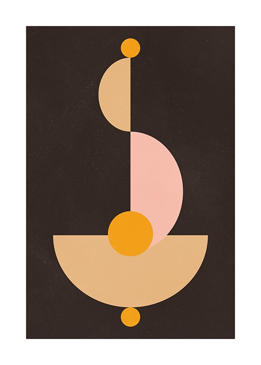  – Grafische Illustration mit einer Form aus beigen, orangen und rosa geometrischen Formen auf einem braunen Hintergrund