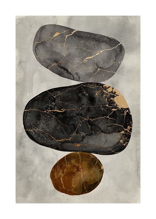  – Aquarell, das graue und braune Felsen mit Rissen in Gold vor hellgrauem Hintergrund zeigt