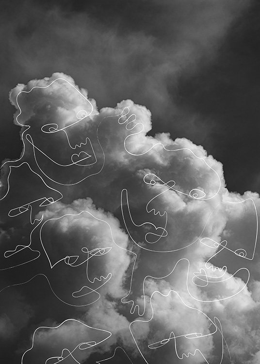  – Schwarz-weiß-Fotografie mit Wolken, die von abstrakten Gesichtern in weißer Line-Art bedeckt sind