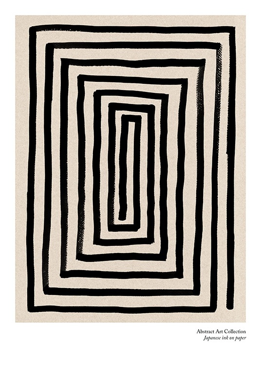  – Illustration eines Labyrinths, das von einer schwarzen, dicken Linie gebildet wird, auf einem beigefarbenen Hintergrund mit Text darunter