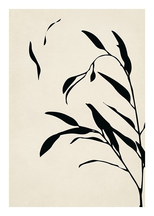  – Grafische Illustration von schwarzen Zweigen mit schwarzen Blättern auf beigem Hintergrund