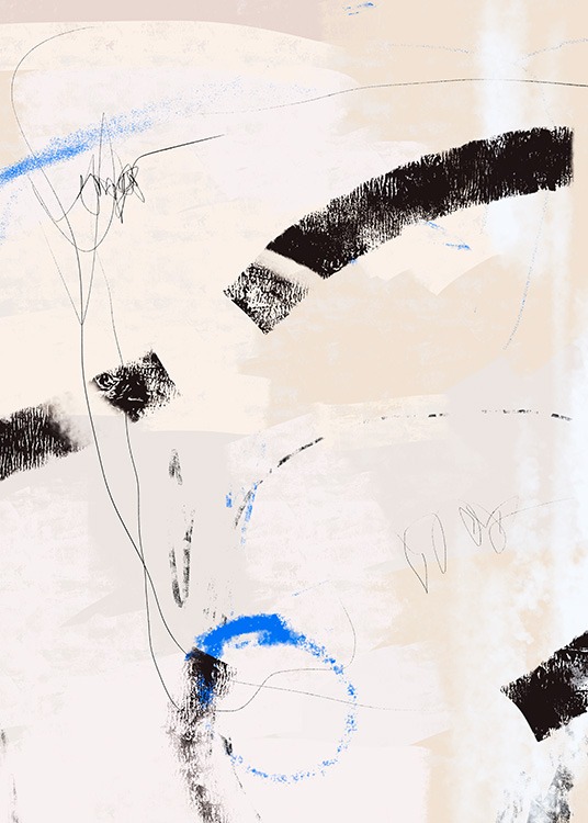  – Malerei mit abstrakten Linien in Blau und Schwarz vor einem beigen, strukturierten Hintergrund
